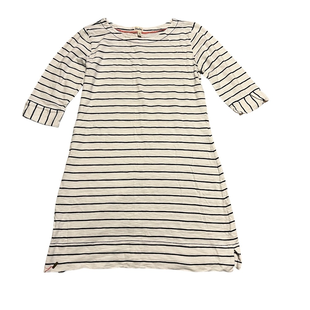Hatley Womens Striped 3/4 Sleeve Ruffle Cuff Shift T-Shirt Dress White Navy L